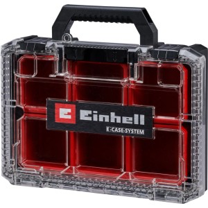 Einhell E-Case Half Size, scatola di assortimento rosso-nera con coperchio trasparente e maniglia.