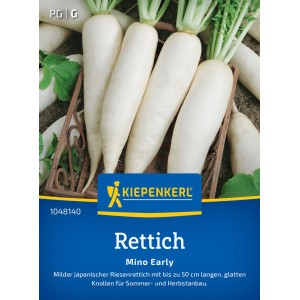 Graines de radis Kiepenkerl Mino Early : Longs radis blancs sur le paquet de graines.