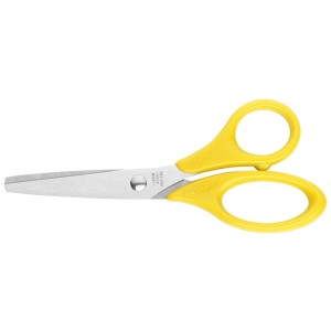 Gelbe Kinderschere Schnippy, 13 cm, mit Chromstahl-Klingen für sicheres Basteln.