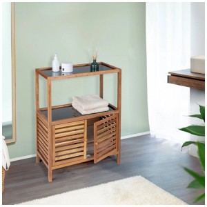 Étagère de salle de bain Wenko Fondi en acacia avec 2 portes, 2 étagères et des étagères en verre style campagne.