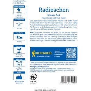 Paquet de graines de radis Kiepenkerl Misato Red avec des informations sur le semis, la récolte et les caractéristiques.