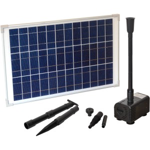 Set pompa solare per laghetto Heissner con pompa, pannello solare e accessori per giochi d'acqua.