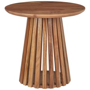 Table basse ronde Mesilla en acacia marron avec piètement en X.