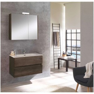 Meuble de salle de bain Noa 80 cm avec armoire de toilette en chêne Château et éclairage LED.