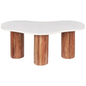 Table basse blanche Beliani Casablanca avec plateau en marbre et pieds en acacia, 35x90x45 cm.
