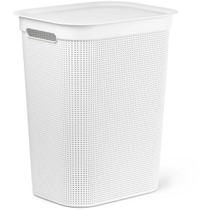 Cesto portabiancheria bianco Rotho Brisen con coperchio, 50 l, in plastica con fori di ventilazione.