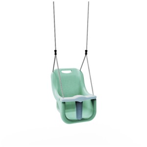 Altalena per neonati OutdoorToys verde menta con schienale alto e barra di sicurezza.