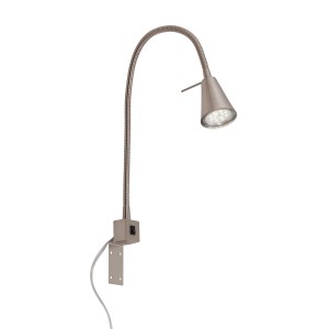 Lampada da letto a LED color nickel opaco con braccio flessibile, GU10, 4W, ideale come lampada da parete.