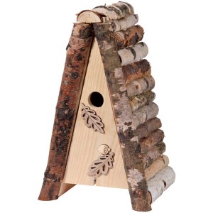 Nido per uccelli triangolare 'Eichenlaub' in legno con foro d'entrata e elementi decorativi.