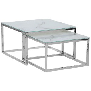 Moderno set di tavolini da caffè Brea, 2 pezzi, con effetto marmo bianco e struttura in acciaio inox argentato.