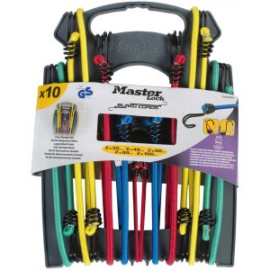 Kit de tendeurs de bagages Master Lock, 10 pièces, longueurs et couleurs variées, pour sécuriser les charges jusqu'à 40 kg.