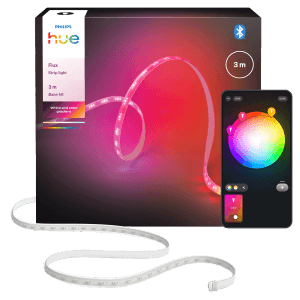 Philips Hue Lightstrip Flux 3m avec dégradés de couleurs et contrôle via l'application pour un éclairage intelligent.