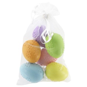 Decorazioni pasquali colorate: 6 uova di plastica fantasia in sacchetto a rete, 6 cm.