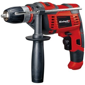 Trapano a percussione Einhell TC-ID 550 E, rosso/nero, con impugnatura supplementare e arresto di profondità.