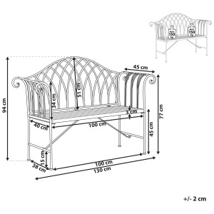 Schéma du banc de jardin en métal blanc Beliani Milazzo avec dimensions.