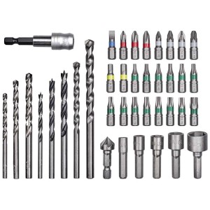 Set KWB da 39 pezzi di punte e trapani in L-Box: punte, trapani (legno, metallo, pietra), inserti per chiavi a bussola, svasatore, portainserti.