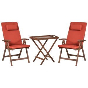 Beliani Bistro-Set Amantea Premium: 2 Akazien-Hochlehner mit roten Kissen, klappbarer Tisch mit abnehmbarem Tablett.