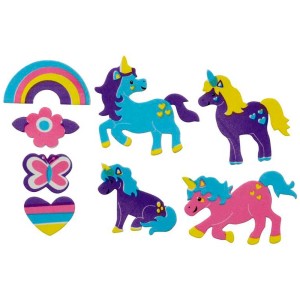 Selbstklebende Moosgummisticker mit Einhorn, Regenbogen, Schmetterling, Herz und Blume (28 Stk.)