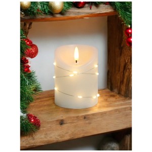 LED-Wachskerze (Ø8 cm, 10 cm hoch) mit Lichterkette, warmweißes Licht, Timerfunktion. Dekorative LED-Kerze für Innen.