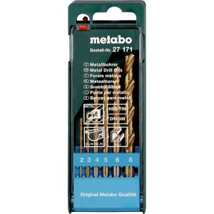 Coffret de forets Metabo HSS-TiN, 6 pièces. Ensemble de forets en métal doré dans un boîtier bleu-vert.