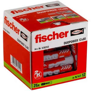 Confezione di Fischer Tasselli universali DuoPower 12x60, 25 pezzi. Tasselli rosso/grigi visibili.