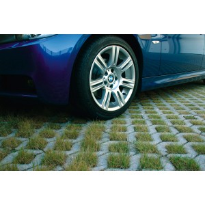 Dalle alvéolée grise sous pneu de voiture. Pavés pour surface perméable.