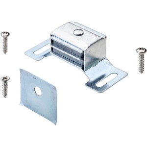 Hettich loqueteau magnétique zingué, aluminium argenté, avec contre-plaque et vis pour portes de meubles.
