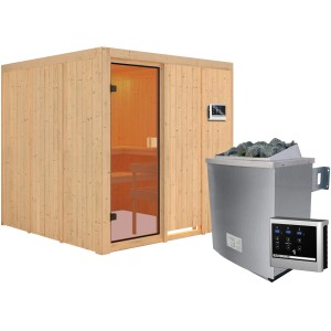 Sauna Karibu Oulu con stufa e centralina, legno massello con porta in vetro