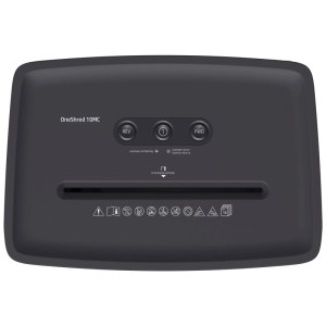 Dunkelgrauer HP Aktenvernichter OneShred 10MC von oben mit Bedienfeld und Papiereinzug. Mikroschnitt P-5.