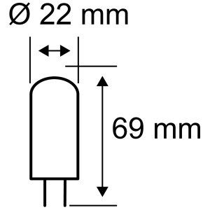 Schéma de l'ampoule LED Paulmann G9 avec culot à broches et dimensions : diamètre 22 mm, longueur 69 mm.
