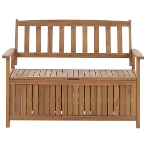 Banc de jardin Sovana en acacia marron avec accoudoirs et rangement rabattable pour jardin et terrasse.
