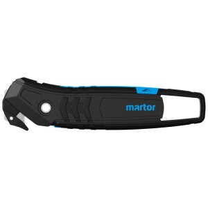 Martor Secumax 350: coltello di sicurezza con lama nascosta e manico nero-blu.