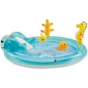 Piscina Happy People Ocean con scivolo, spruzzatore e animali marini gonfiabili.