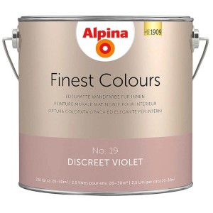 Barattolo di Alpina Finest Colours Discret Violet, 2.5 l, pittura murale opaca per interni.