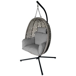Grauer Greemotion Hängesessel Corvo mit PE-Geflecht und Stahlgestell. Bequeme Lounge-Gartenmöbel mit Kissen.