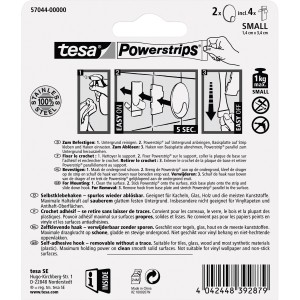 Tesa Crochets adhésifs inox, lot de 2 avec Powerstrips, supporte jusqu'à 1 kg.
