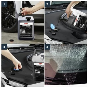 Sonax Lave-glace Été Edeldark 5L : Application montrée en 4 étapes.