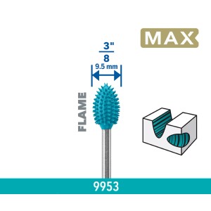 Fraise à râper Dremel Max 9953 turquoise en flamme, Ø 9,5 mm, pour des coupes concaves précises dans le bois.