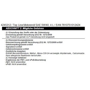 Étiquette de l'huile moteur Top Line SAE 5W-40, bidon de 4 litres avec informations de sécurité.
