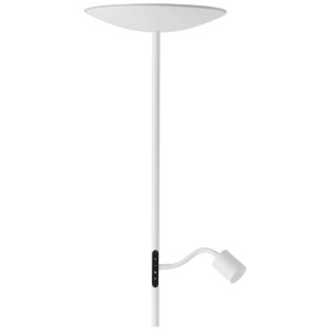 Weisse Eglo LED-Stehleuchte mit Leselicht, Touchdimmer und warmweissem Licht.
