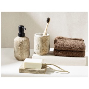 Portaspazzolino beige Wenko Florio in ceramica effetto legno e accessori bagno coordinati.