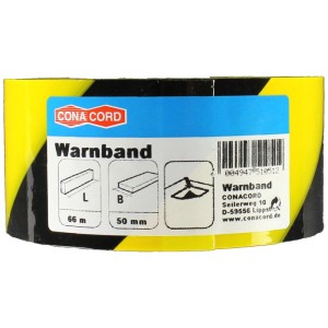 Schwarz-gelbes Warnband, 50mm breit, 66m lang, zur Markierung von Gefahrenbereichen.