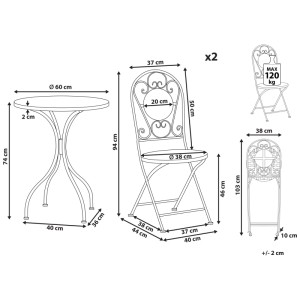 Beliani Ensemble bistro Spello, pliable, blanc, métal, dimensions