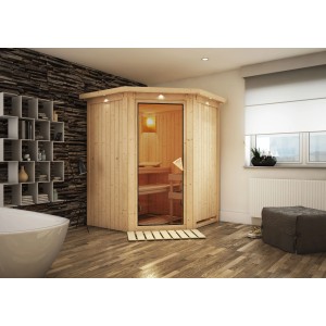 Sauna Karibu Lyra con baldacchino LED in legno naturale, ingresso ad angolo con porta in vetro e panche.