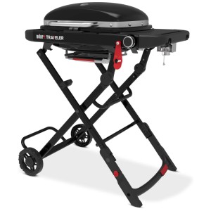 Weber Barbecue a gas Traveler Compact, nero, con telaio pieghevole e ruote.