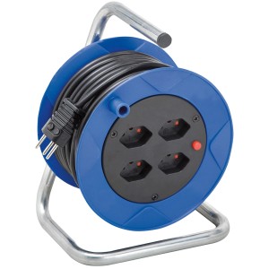 Enrouleur de câble compact bleu 15 m avec 4 prises et câble noir.