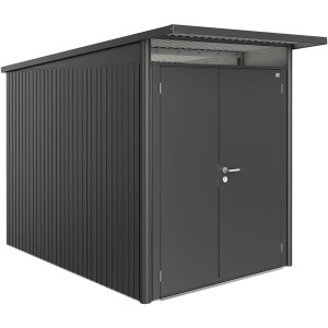 Abri de jardin en métal Biohort AvantGarde A3, gris foncé métallisé, avec double porte. Abris de jardin pour rangement extérieur.