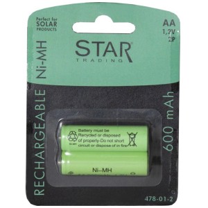 Piles AA rechargeables, 1,2V 600mAh Ni-MH, lot de 2, adaptées aux produits solaires.