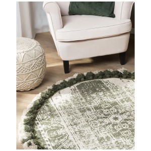 Tapis rond à poils courts Kahta crème-blanc-vert avec pompons, diamètre 120 cm.