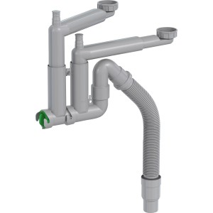 Siphon d'évier de cuisine Prevex Smartloc pour 2 bacs, gris, avec raccord lave-vaisselle.